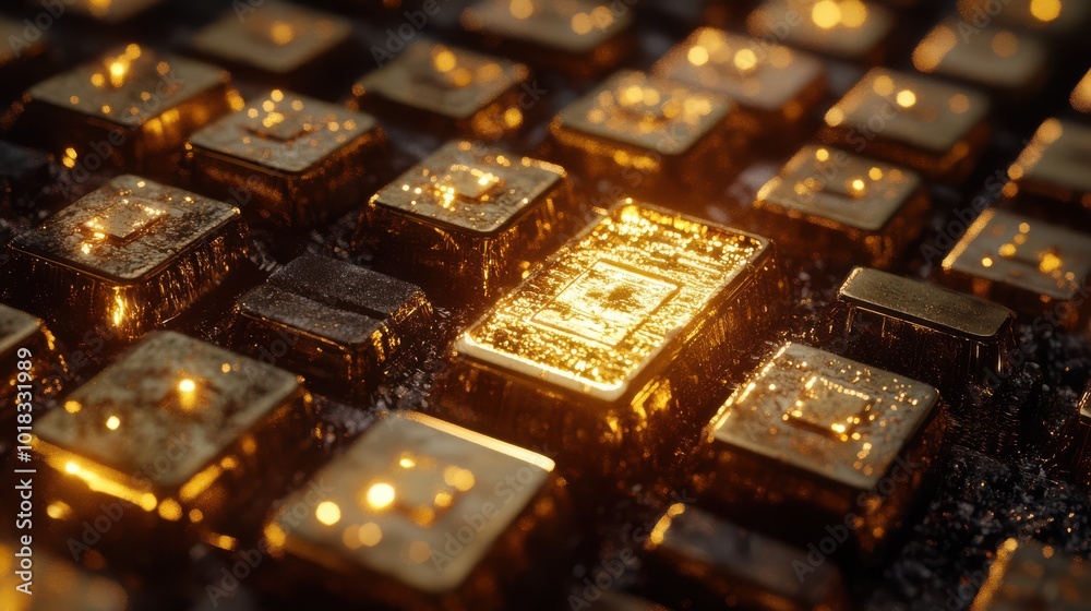 Marketing visuals combining blockchain and gold-backed cryptocurrency concepts.