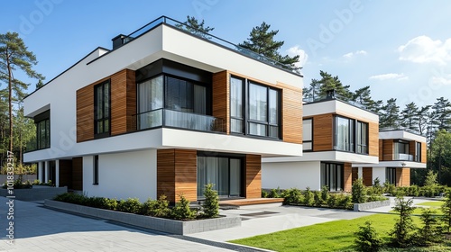 Modern white houses with wooden accents.