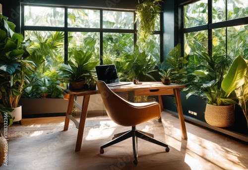 inspiring workspace surrounded lush greenery featuring natural serene landscapes ultimate productivity, office, indoor, plants, environment, decor, sunlight