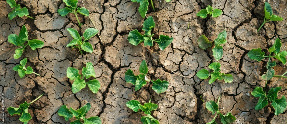 overhead view small tree plant growth on dry drought ground overhead view small tree plant growth on dry drought ground
