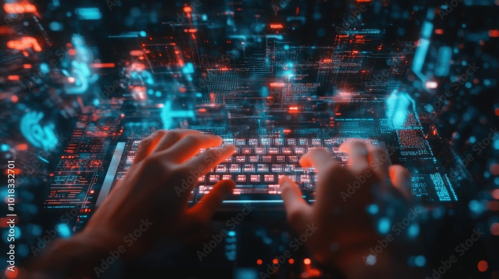 Closeup of hands on a keyboard, surrounded by transparent digital UI elements and coding scripts. Closeup of hands on a keyboard, surrounded by transparent digital UI elements and coding scripts.