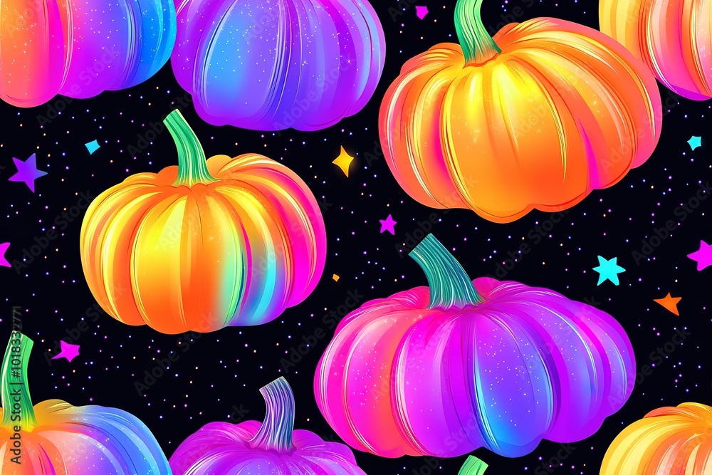 A seamless pattern of pumpkins in vibrant rainbow colors, glowing with an otherworldly light against a black background A seamless pattern of pumpkins in vibrant rainbow colors, glowing with an otherworldly light against a black background