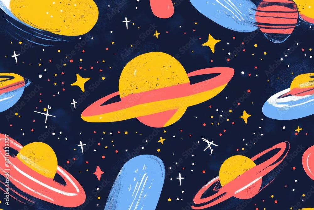 Minimalistic cosmic pattern with bold planets and stars for space-themed design Minimalistic cosmic pattern with bold planets and stars for space-themed design