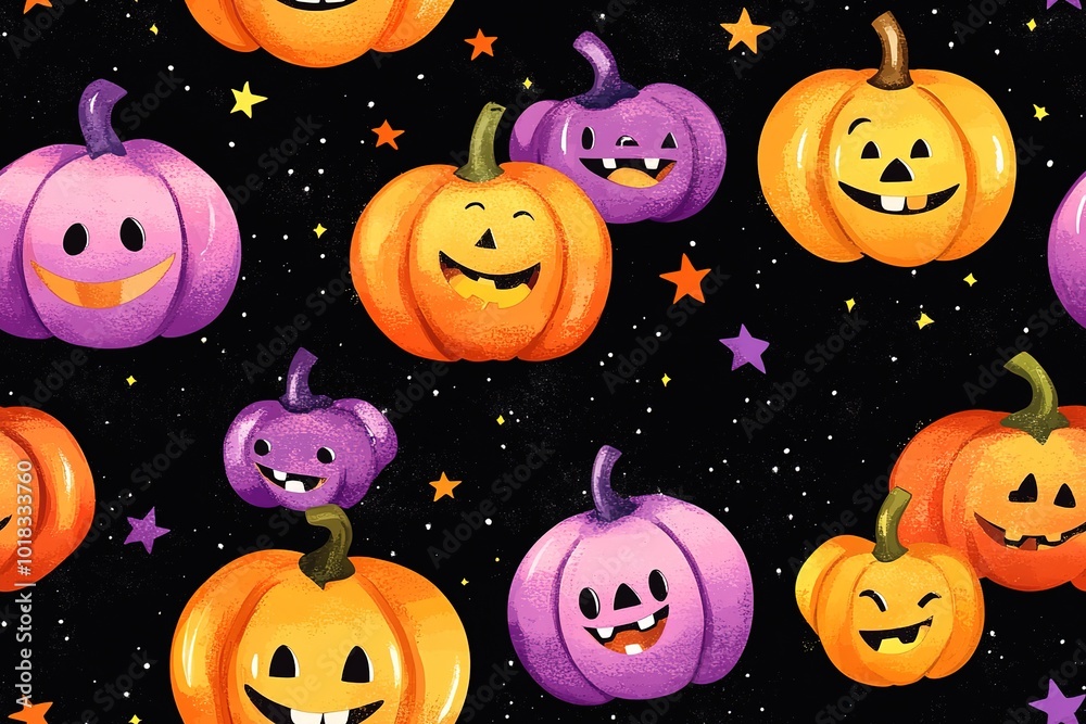 Pumpkins and stars, neon colors on a black background pattern. High quality Pumpkins and stars, neon colors on a black background pattern. High quality