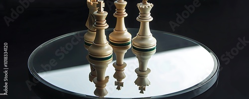 Reflection of chess king and queen on an oval mirror, set against a minimalist black background, emphasizing symmetry and precision.