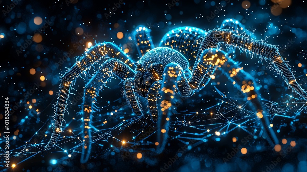 A digital spider with a shining presence is depicted against a network backdrop, with bright sparkles, symbolizing the intricate web of technology and connections. A digital spider with a shining presence is depicted against a network backdrop, with bright sparkles, symbolizing the intricate web of technology and connections.
