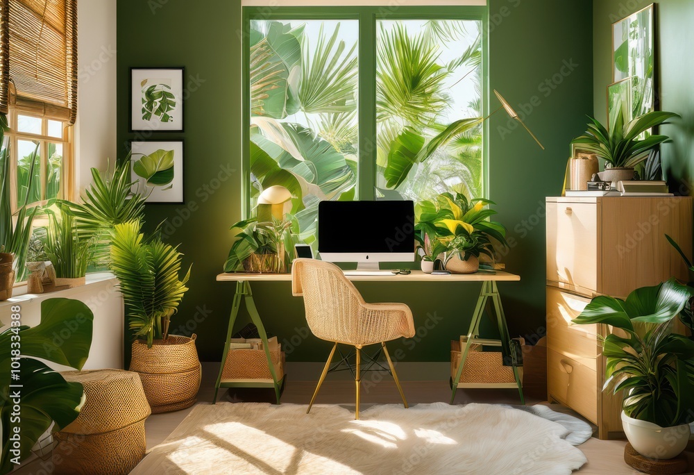 Fototapeta premium chic functional creative desk setup featuring vibrant vacation compact storage personalized relaxing accessories productive workdays, workspace, office