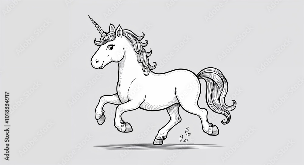 Fototapeta premium Hand drawing clipart of a unicorn prancing happily on plain white background