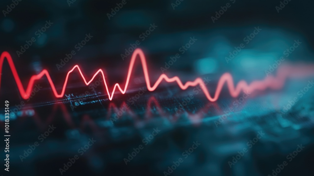 Fototapeta premium Cyan lines on an ECG monitor pulse softly, representing the comfort of a healthy heartbeat.