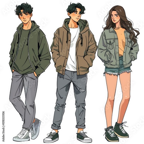 Street fashion look. Couples in love dressed in stylish trendy oversized clothing. Boys and girls. Korean japanese asian. Comic cartoon style. Manga anime. Hand drawn vector set of three illustrations