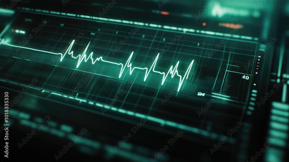 Cyan lines on an ECG monitor screen pulse gently, creating a calming and reassuring visual. Cyan lines on an ECG monitor screen pulse gently, creating a calming and reassuring visual.