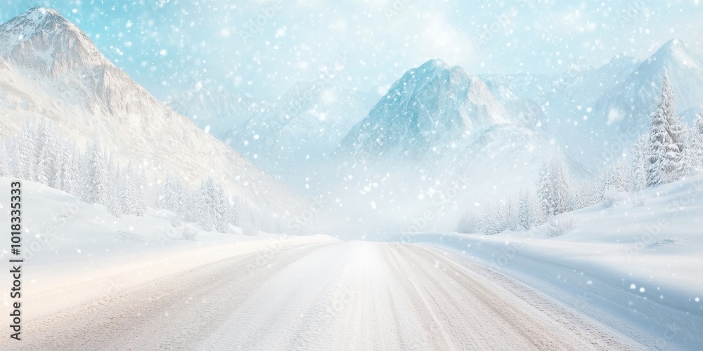 Winмter Storm Alert with Snowy Mountains in the Background. Snowy winter track in the mountains Winмter Storm Alert with Snowy Mountains in the Background. Snowy winter track in the mountains
