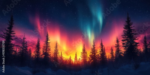 Silhouetted pine trees stand tall against a backdrop of vibrant auroras, illuminating the night sky with streaks of crimson, gold, and teal hues