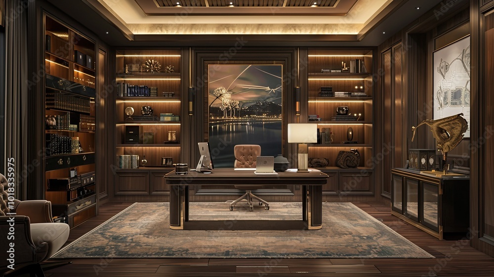 A stylish home office with a large desk, comfortable chair, and organized shelves