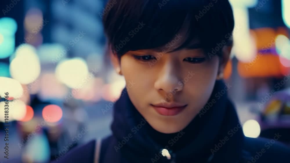 Young man is standing with city lights out of focus in the background. He is wearing dark clothing and has short black hair Young man is standing with city lights out of focus in the background. He is wearing dark clothing and has short black hair
