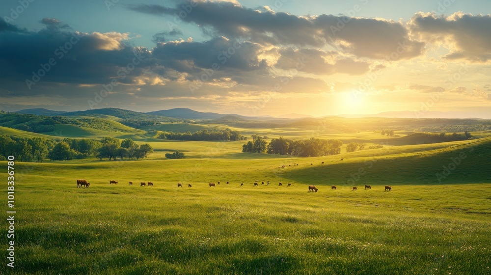 Fototapeta premium A herd of cows grazing in a lush green meadow at sunset with rolling hills and a clear blue sky.