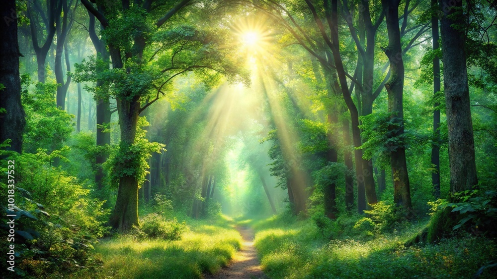 Obraz premium Mysterious forest with lush greenery and sunlight breaking through in impressionist art style perfect for art and nature enthusiasts