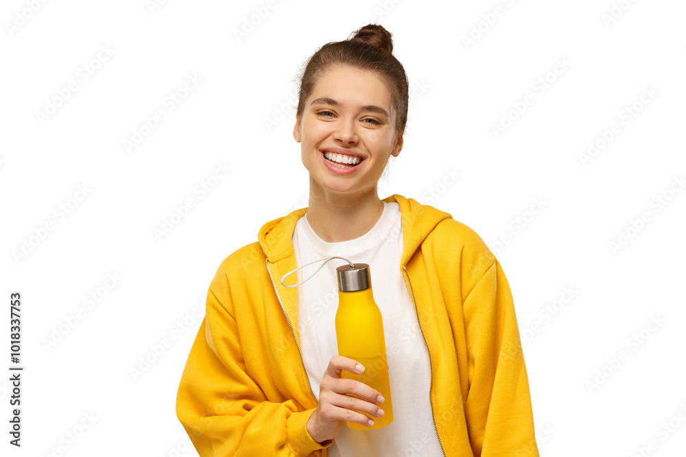Young woman in bright yellow hoodie holding reusable eco water bottle Young woman in bright yellow hoodie holding reusable eco water bottle