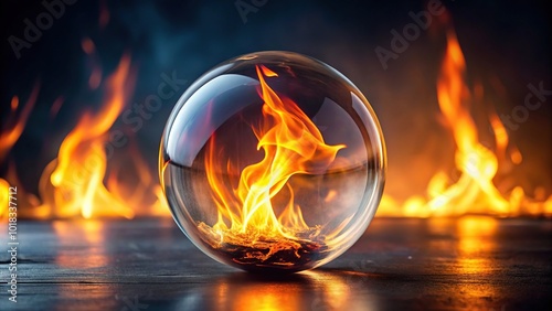 mysterious glass ball reflecting fire flames from a high angle view