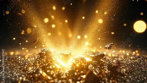 Wallpaper Mural Glowing particles burst in dark background: radiant gold light with bokeh sparkles Torontodigital.ca