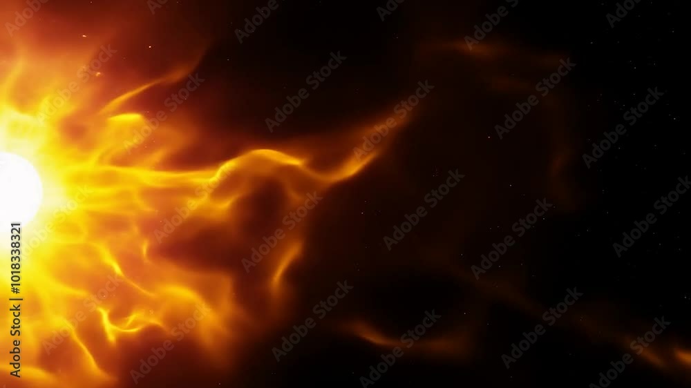 Bright white star generates a massive plasma eruption, showcasing fiery orange and yellow flames against a backdrop of deep space. Energy and heat radiate from this celestial phenomenon