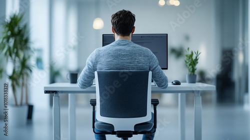 Person adjusting their sitting posture with a small device on their desk, futuristic workplace, office syndrome, smart office solutions