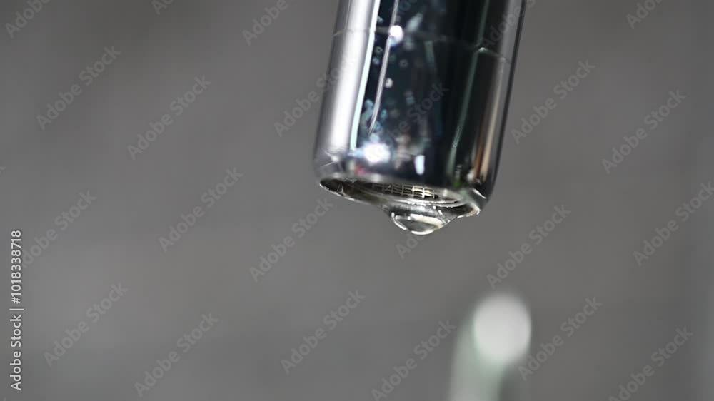 Drop of water drips from the tap. Beautiful fresh and clean water flowing Close-up front view broken chrome faucet in kitchen. Everyday problems, wasting water and energy Drop of water drips from the tap. Beautiful fresh and clean water flowing Close-up front view broken chrome faucet in kitchen. Everyday problems, wasting water and energy
