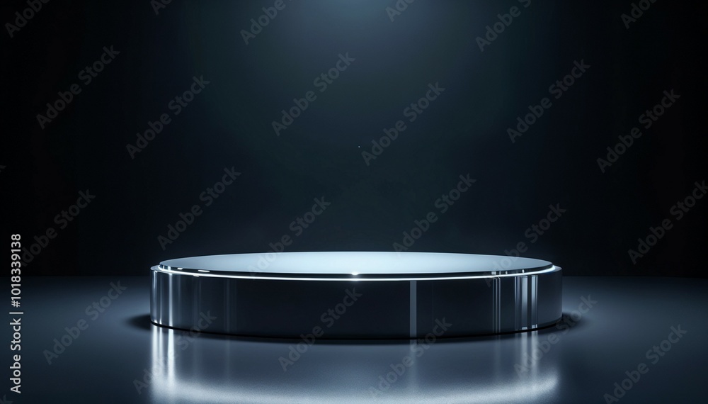 Chrome Podium with Curved Edges and High-Gloss Finish in a Dim Room Chrome Podium with Curved Edges and High-Gloss Finish in a Dim Room