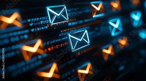 Close-up view of glowing email icons against a dark digital background, representing communication and technology in modern society.