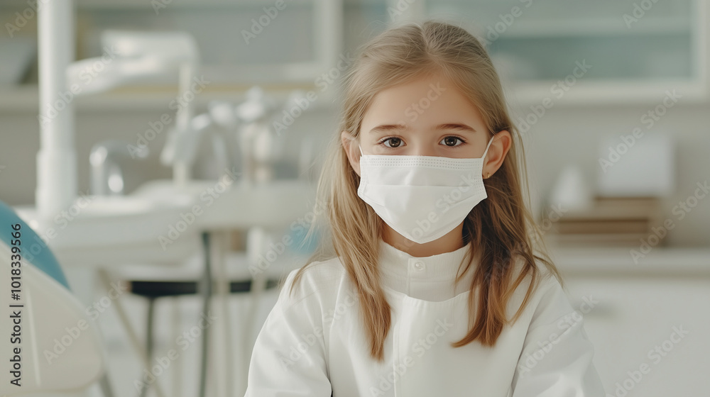 Little girl dresses up as a dentist wearing a white mask sitting on the dental table. Little girl dresses up as a dentist wearing a white mask sitting on the dental table.