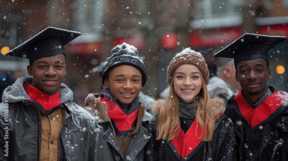 Obraz premium College students celebrating graduation in winter wonderland with snowy backdrop and joy