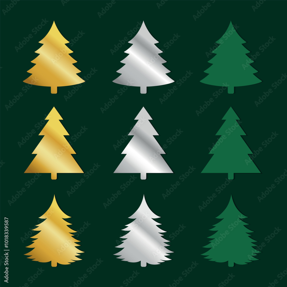 Christmas tree set with gold, silver texture, green color Christmas tree set with gold, silver texture, green color