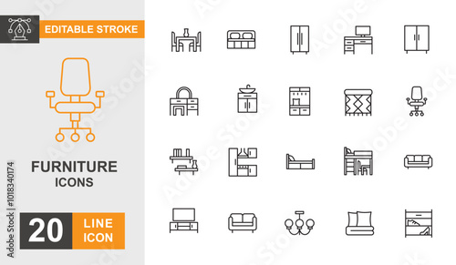 Furniture icon set. Sofa, chair, lamp, room, interior and more line icon. Editable stroke icon.