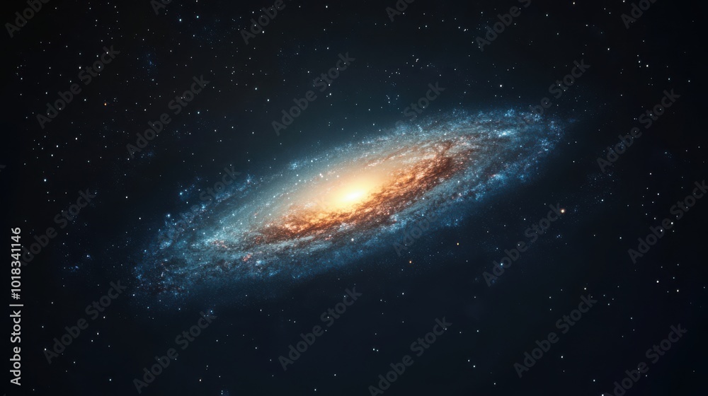 Naklejka premium Spiral galaxy M83 in the dark space with stars and nebulae, featuring an orange light from a black hole