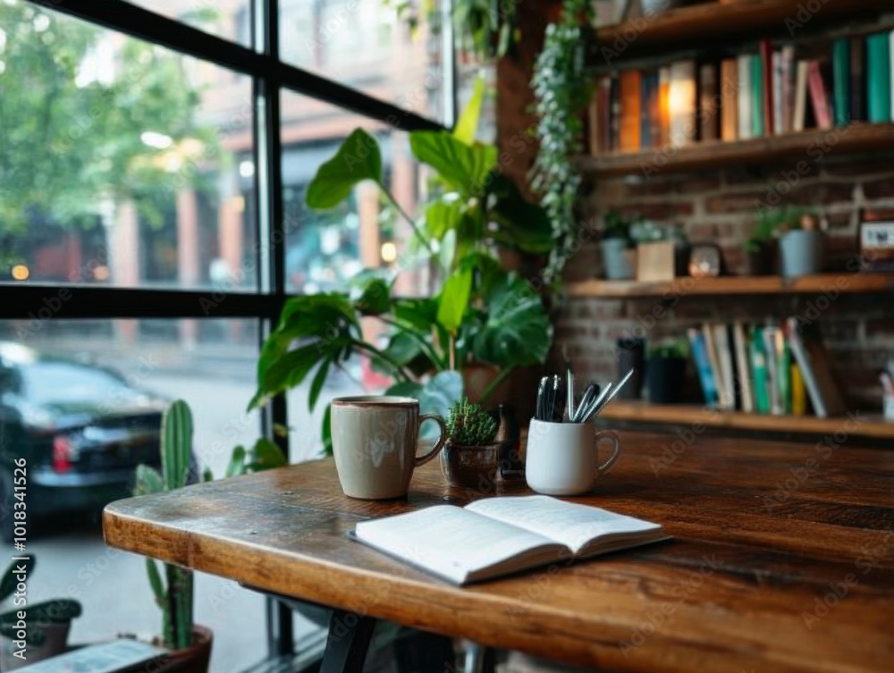 Fototapeta premium Cozy Cafe Vibes A Relaxing Corner with Coffee, Plants, and Books
