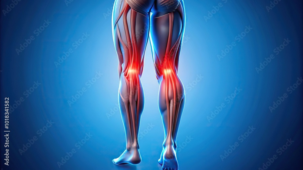 Abstract representation of hamstring pain in red on blue background Abstract representation of hamstring pain in red on blue background