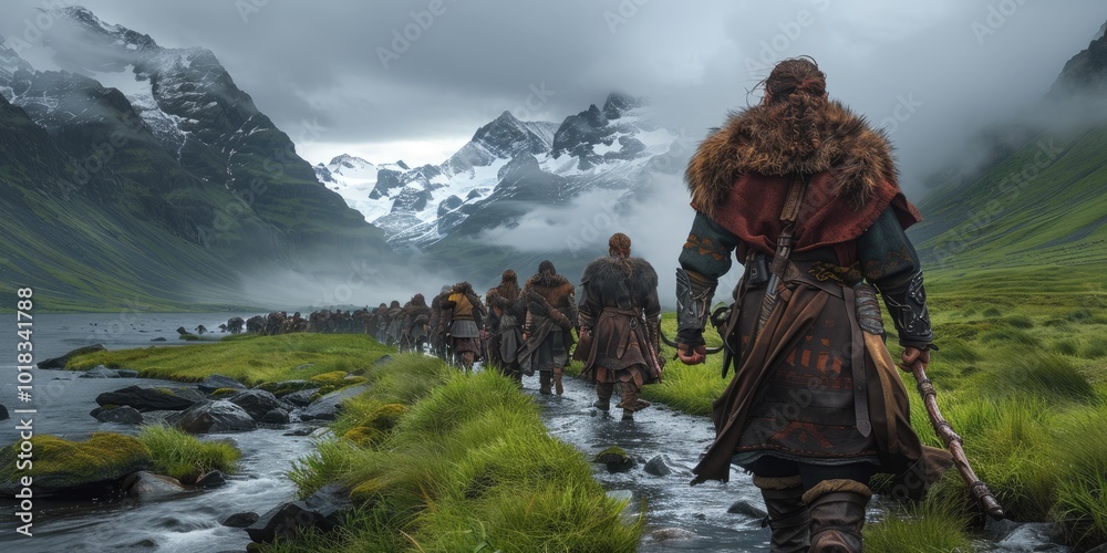 Pilgrims journeying along an ancient path through misty mountains and green valleys Pilgrims journeying along an ancient path through misty mountains and green valleys