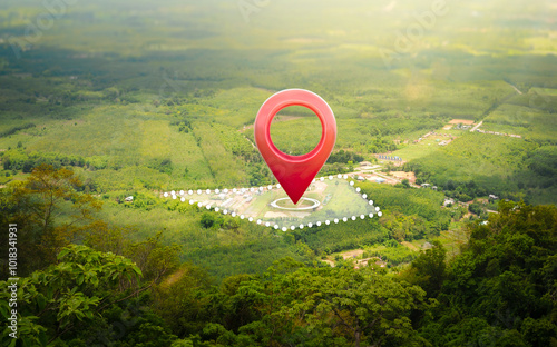 Land plot in aerial view. Gps registration survey of property, real estate for map with location, area. Concept for residential construction and development. Also home, house for sale, buy, purchase,