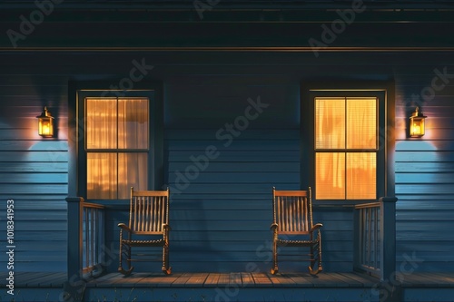 The front porch of a luxury home with two wooden chairs at night time. A small window in the wall behind the chair on the right side showing inside the house at dusk, in the