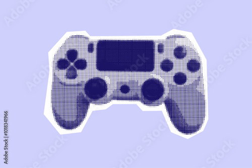 Halftone video game console sticker in retro style. Vintage playing controller, gaming dotted element for collage design. Vector