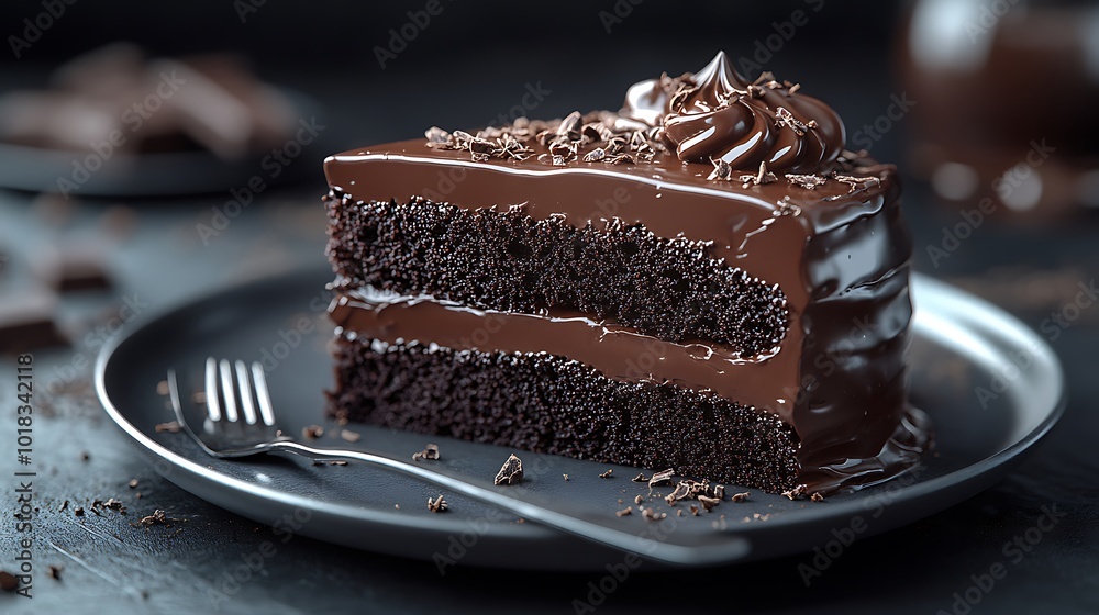 A beautiful slice of chocolate cake with glossy ganache resting elegantly on a simple plate A beautiful slice of chocolate cake with glossy ganache resting elegantly on a simple plate
