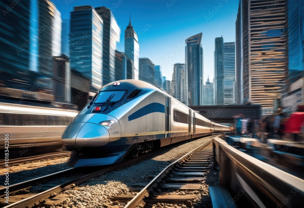 Naklejka premium dynamic train tracks displaying motion blur sunlight effects capturing essence speed movement urban landscape, transport, rail, outdoor, scenery, perspective