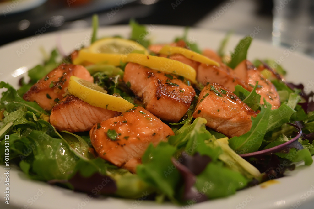 Grilled salmon steak with vegetables. generative AI Grilled salmon steak with vegetables. generative AI