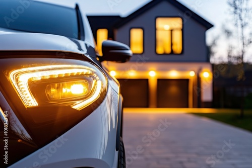 Modern Car Headlight Illuminated In Front Of Luxury House At Dusk photo
