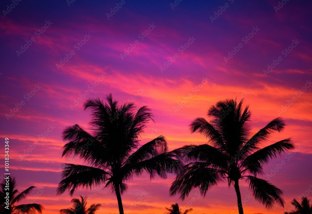 Obraz premium stunning tropical palm tree silhouette vibrant sunset sky creating iconic visual experience beauty, horizon, sunlight, landscape, orange, purple, foliage