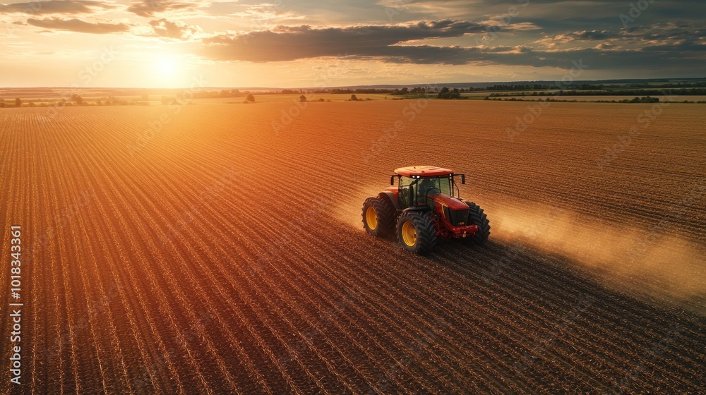 Red tractor working a field at sunset. Red tractor working a field at sunset.