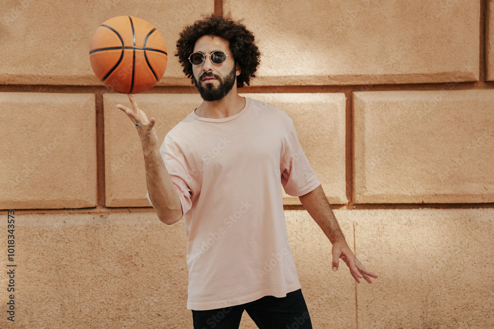 Young Arabian with a beard and afro hairstyle with basketball ball