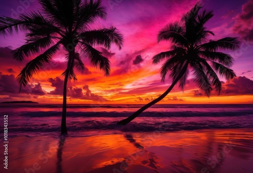 stunning vibrant tropical sunset beach majestic palm silhouettes under colorful sky, ocean, horizon, waves, clouds, sunlight, landscape, nature, colors