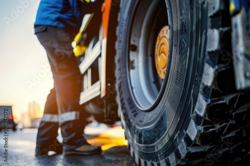 Truck driver inspecting safety of tires before the ride on the road.