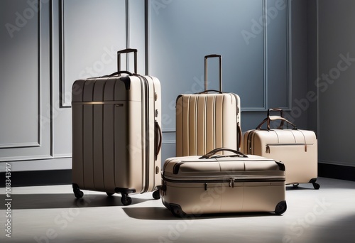 chic minimalist luggage displays showcasing essential travel gear streamlined arrangements, bags, accessories, suitcases, cases, pouches, organizers